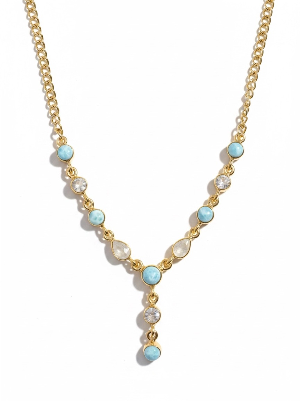 Gold Plated Larimar and Moonstone Cascading Necklace